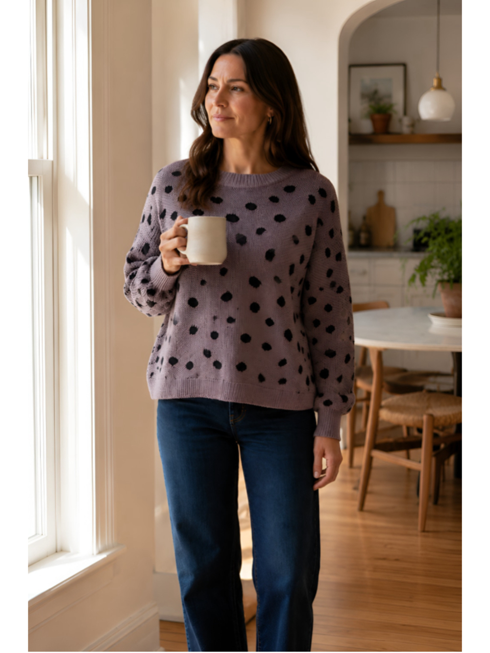 Jackson Rowe SM Mauve Navy Polka Dot Textured Knit Cotton Crop Pullover Sweater